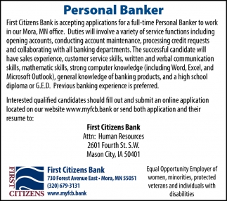 Personal Banker Needed First Citizens Bank