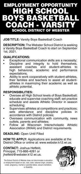High School Boys Basketball Coach - Varsity, School District Of Webster,  Webster, WI
