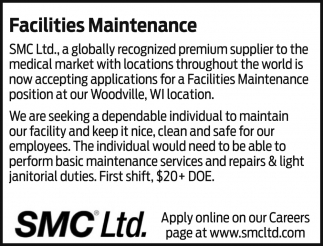 Facilities Maintenance Wanted, SMC Ltd., Somerset, WI