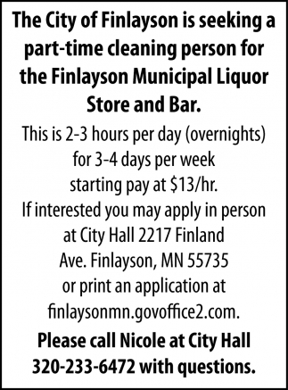 Part Time Cleaning Person, City Of Finlayson, Finlayson, MN