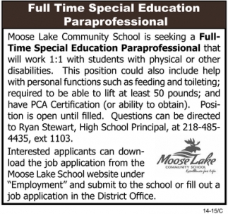 Paraprofessional Wanted, Moose Lake Community School, Moose Lake, MN