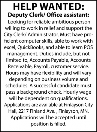 Deputy Clerk/Office Assistant, City Of Finlayson, Finlayson, MN