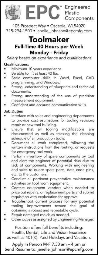 Toolmaker Wanted, EPC, Inc., Osceola, WI
