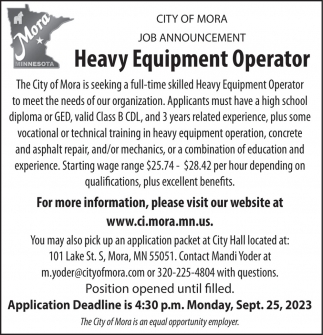 Heavy Equipment Operator, City of Mora, Mora, MN