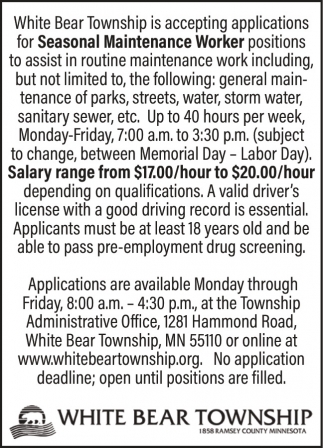 Seasonal Maintenance Worker, White Bear Township, White Bear Township, MN