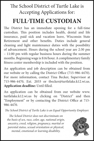 Custodian, School District Of Turtle Lake, Turtle Lake, WI