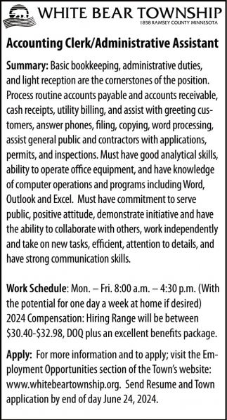 Accounting Clerk / Administrative Assistant, White Bear Township, White
