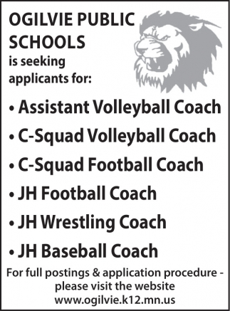 Assistant Volleyball Coach, Ogilvie Public Schools, Ogilvie, MN